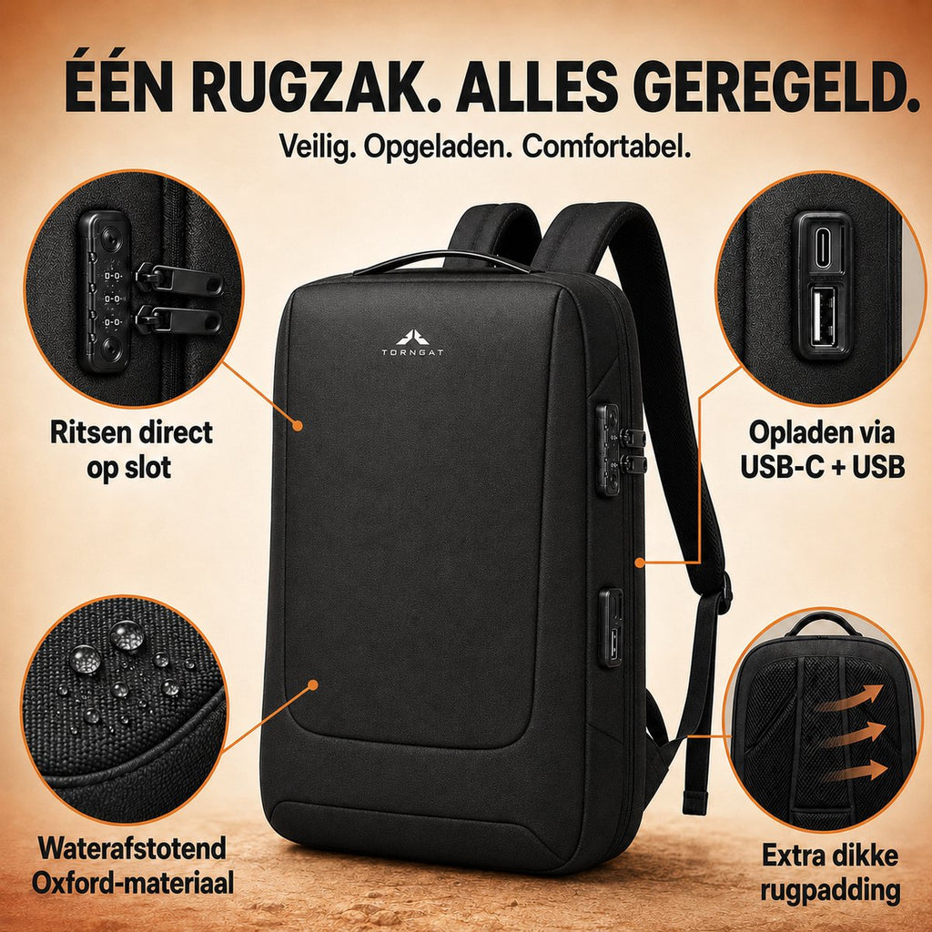 Torngat Business Laptoprugzak 15,6 inch – Anti-Diefstal met Cijferslot, USB-C & USB-A – Zwart