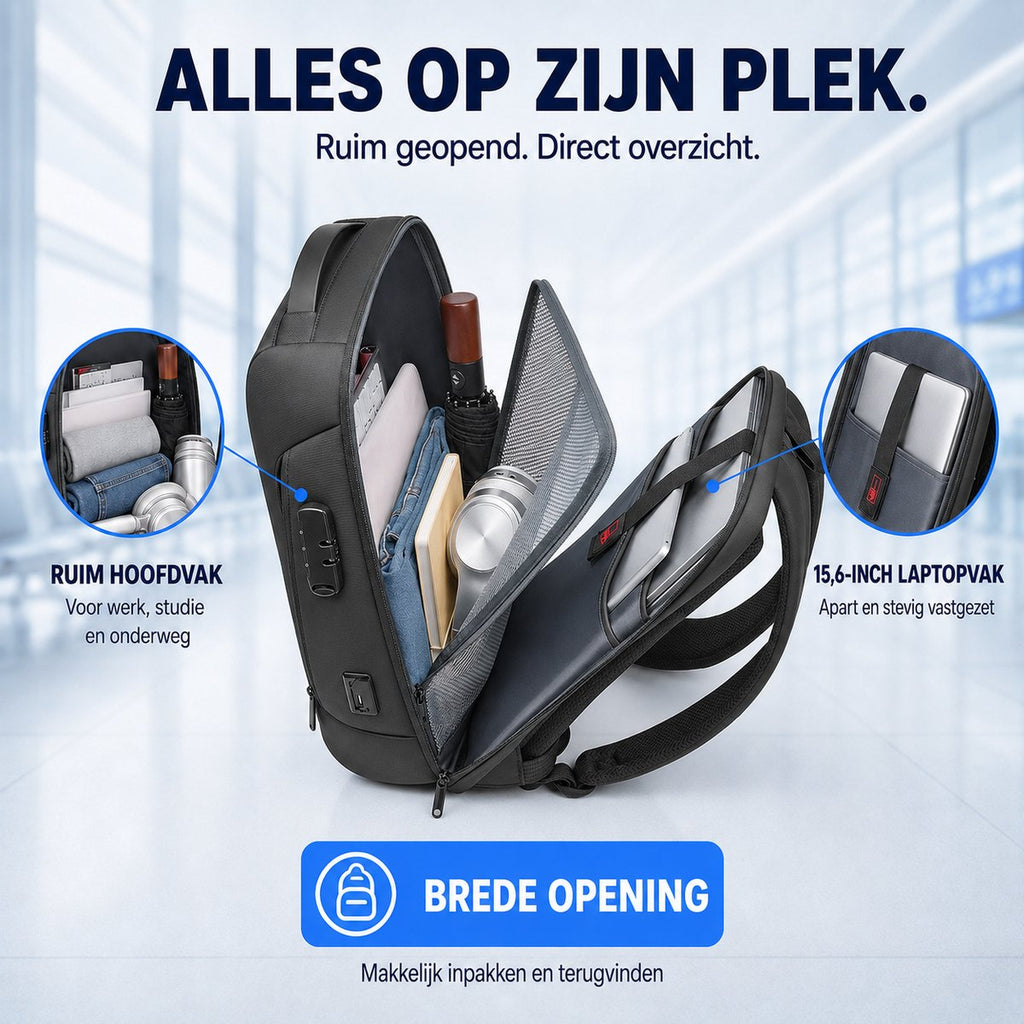 Torngat Business Laptoprugzak 15,6 inch – Anti-Diefstal met Cijferslot, USB-C & USB-A – Zwart