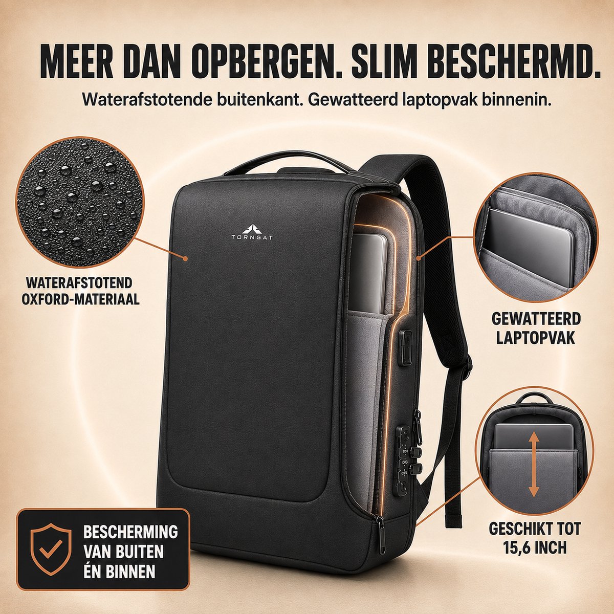 Torngat Business Laptoprugzak 15,6 inch – Anti-Diefstal met Cijferslot, USB-C & USB-A – Zwart