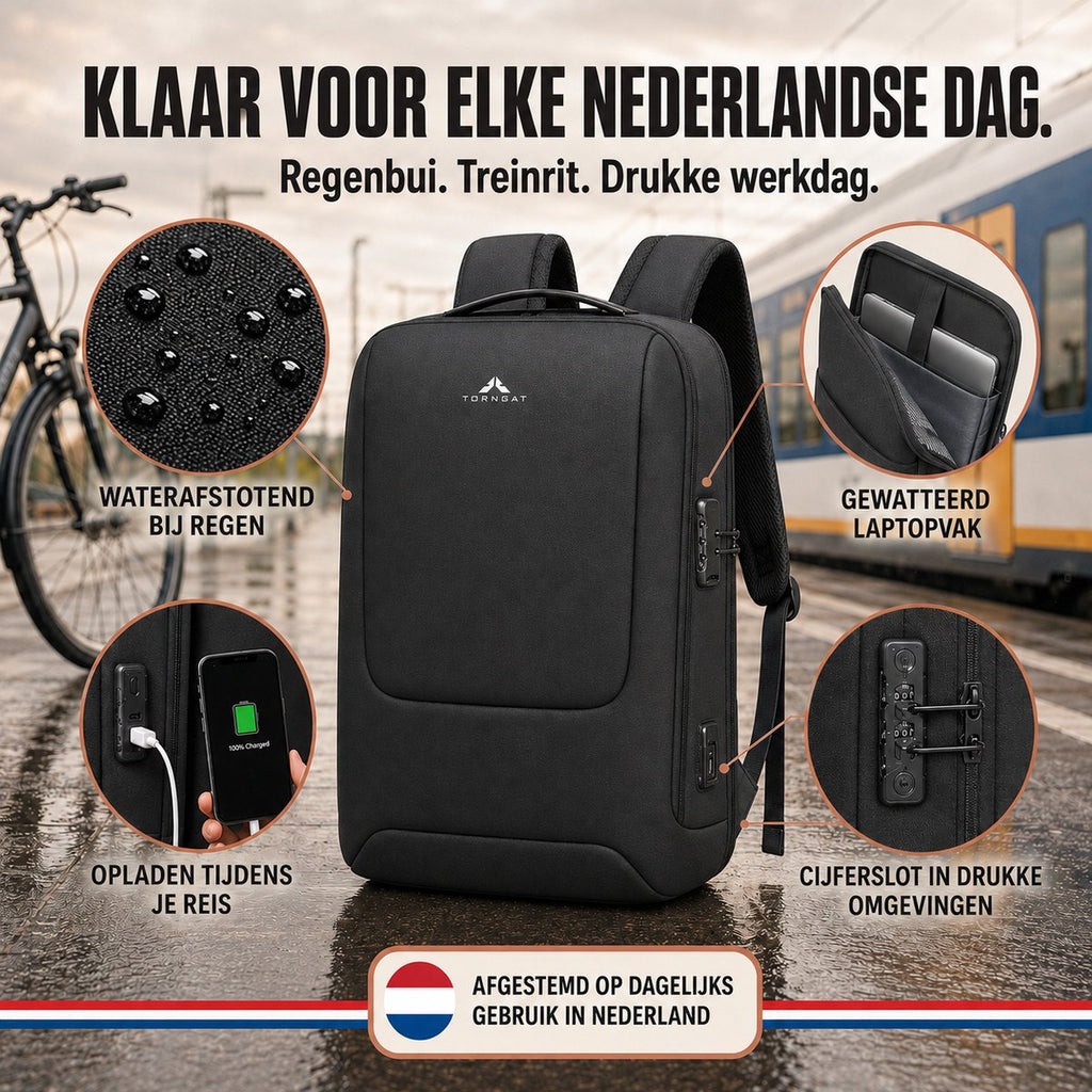 Torngat Business Laptoprugzak 15,6 inch – Anti-Diefstal met Cijferslot, USB-C & USB-A – Zwart