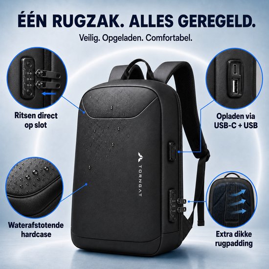 Torngat zwarte laptoprugzak 15,6 inch met cijferslot