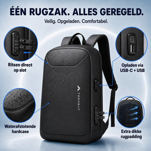 Torngat zwarte laptoprugzak 15,6 inch met cijferslot