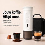 NomadBrew Go wit met espresso, capsules, gemalen koffie en tas