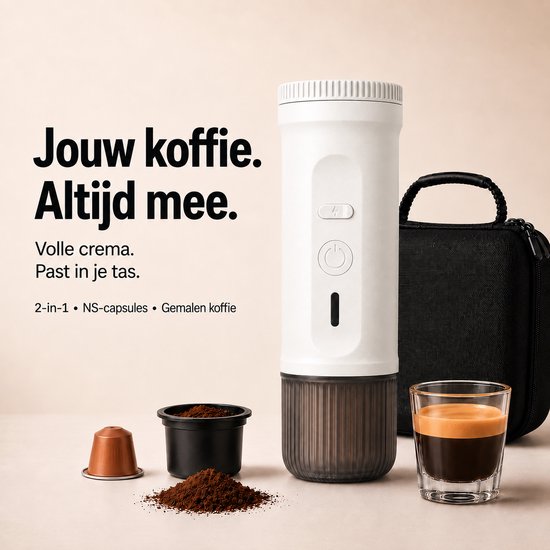 NomadBrew Go wit met espresso, capsules, gemalen koffie en tas