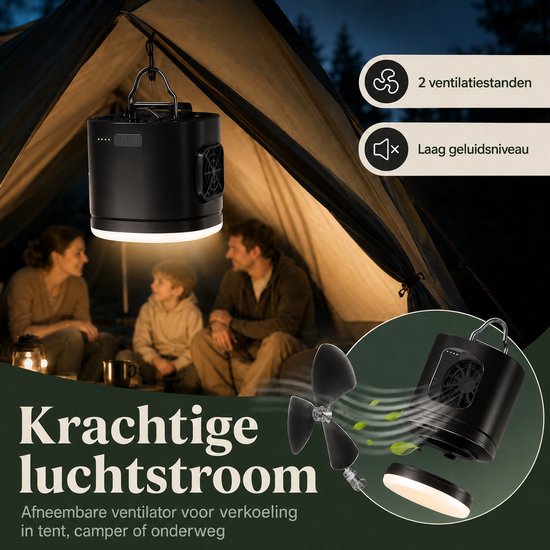 Zwarte TentLight Pro campinglamp hangt in een tent