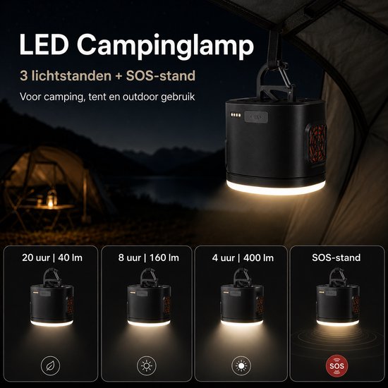 Campinglamp met drie lichtstanden en SOS-stand