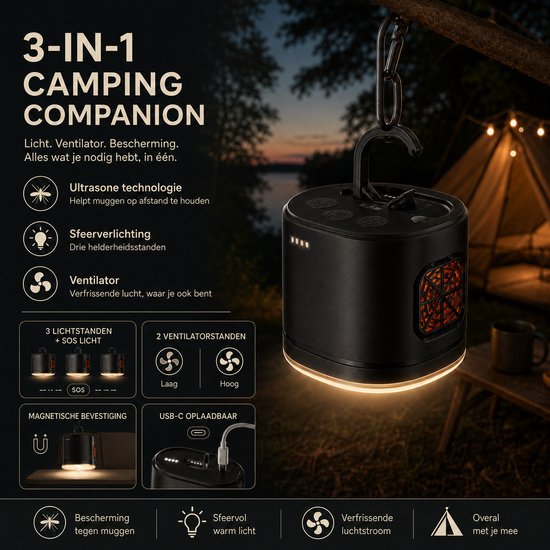 Zwarte campinglamp buiten aan tent of luifel
