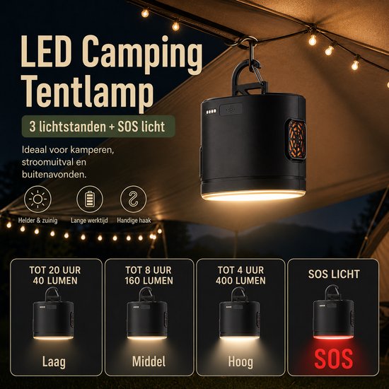 TentLight Pro campinglamp drie lichtstanden en SOS